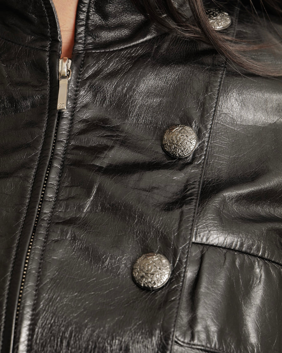 Chanel Black Distressed Leather Jacket with Silver Zippers Stitch Details and Silver Textured CC Logo Buttons Size FR 36 (UK 8)