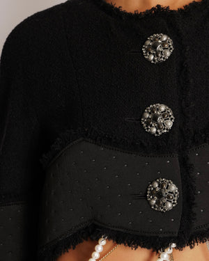Chanel x Tiger in the Rain Black Tweed Cropped Jacket with Foam Band Insert and Silver Crystal Embellished Buttons with Draped Pearl and Mixed Metal Chain Details Size FR 38 (UK 10)
