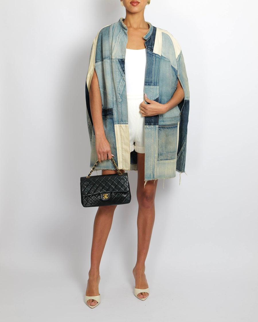 Saint Laurent Blue Denim Patchwork Sleeveless Jacket with Frayed Hem Detail Size XS (UK 6)