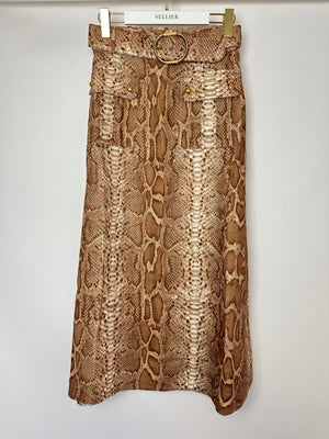 Zimmermann Tan Natura Linen Snake Print Shirt and A-Line Midi Belted Skirt with Pocket Detail Size 1 (UK 10)