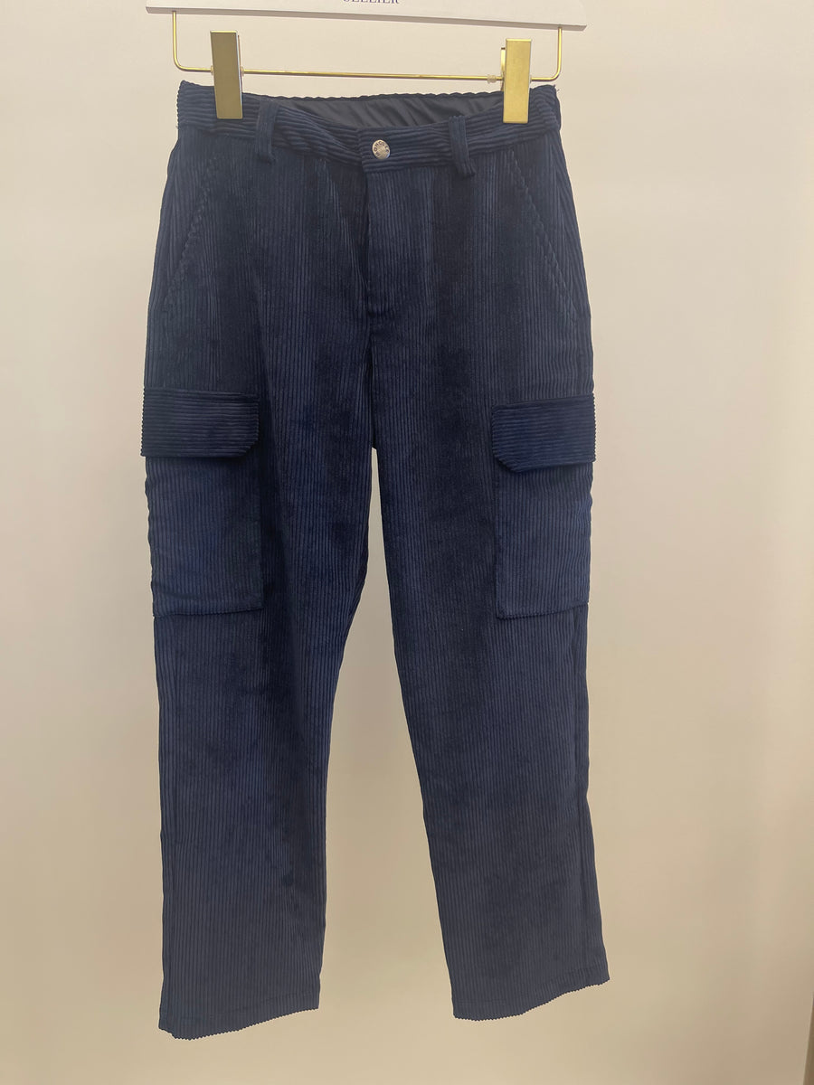 Moncler Kids Navy Velvet Corduroy Trousers with Logo Detail Size 10 years