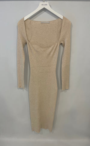 One Grey Day Beige Ribbed Long Sleeve Midi Dress Size S (UK 8)