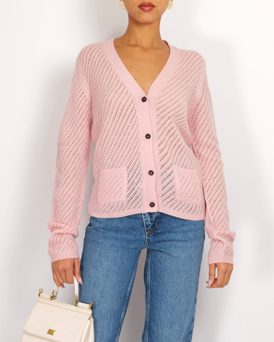 Prada Baby Pink Knitted Button Down Cardigan with Black Logo Buttons Size IT 40/42 (UK 8/10)
