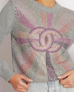 Chanel Grey Cashmere Knitted Jumper with Multi-Colour Crystal Embellished CC Logo Size FR 38 (UK 10)