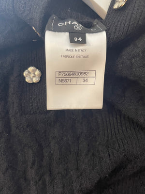 Chanel Black Cashmere Jumper with Silver Camelia Buttons and White Trim Details Size FR 34 (UK 6)