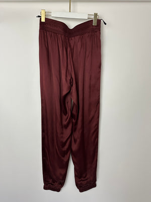 Celine Burgundy Satin Boxing Trousers with Cuffed Hems and Waistband Logo Detail Size FR 34 (UK 6)