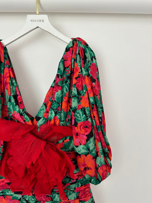 Gucci Red & Green Flower Print Mini Dress with Red Rose Appliqué Detail Size IT 38 (UK 6)