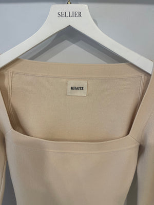 Khaite Cream Wool Long Sleeved Ribbed Bodysuit with Square Neckline Size M (UK 10)