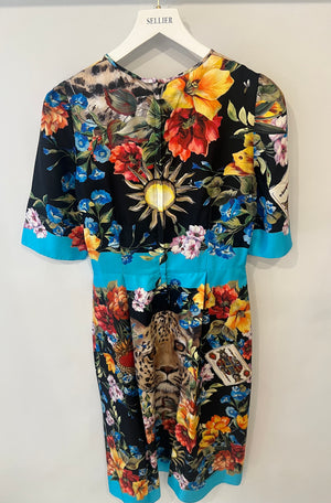 Dolce & Gabbana Black Silk Short-Sleeved Midi Dress with Multi-Colour Floral Print and Leopard Face Detail Size IT 40 (UK 8)
