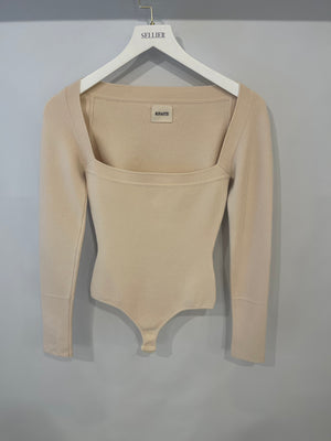 Khaite Cream Wool Long Sleeved Ribbed Bodysuit with Square Neckline Size M (UK 10)