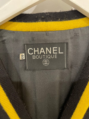 *HOT* Chanel 1994 Vintage Black and Yellow Wool Jacket & Midi Skirt Set with CC Logo Button Details Size FR 40 (UK 12)
