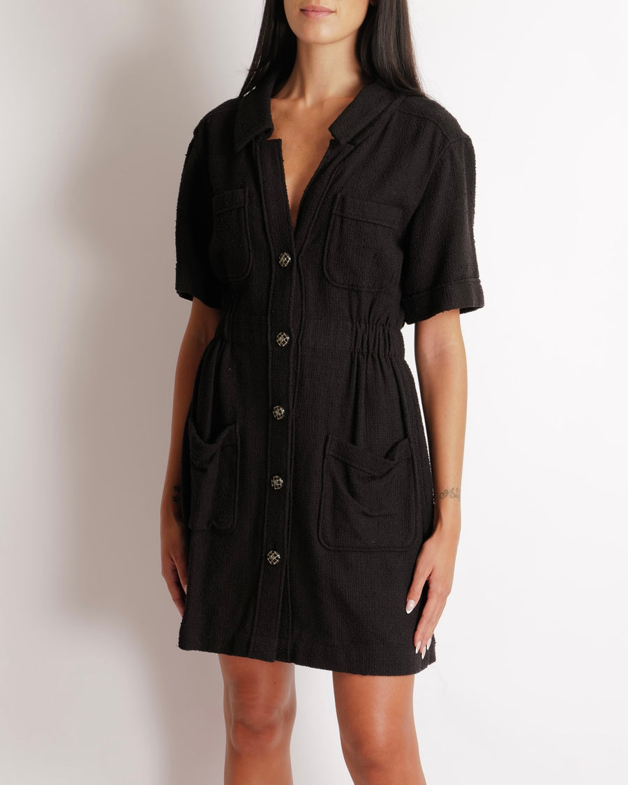Chanel Black Short-Sleeved Mini Dress with Gathered Waist and Silver and Black Quilted CC Logo Buttons Size FR 38 (UK 10)