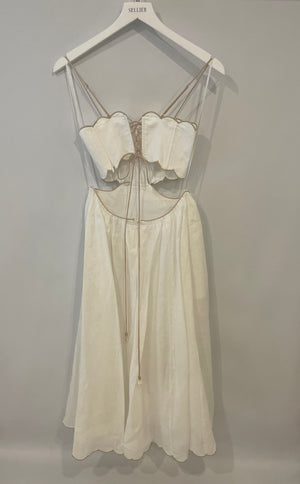 Zimmermann White Devi Linen Midi Dress with Cutout Detail and Beige Trim Detail Size US 0 (UK 8)
