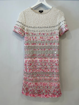 Chanel 2018 Waterfall Collection White, Pink and Silver Short Sleeve Tweed Midi Dress with Size FR 34 (UK 6)