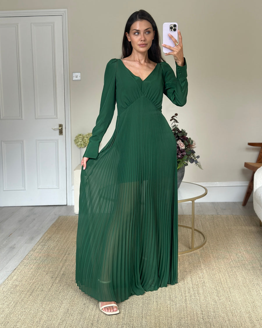 Self-Portrait Emerald Green Maxi Pleated Long Sleeve Dress FR 34 (UK 6)