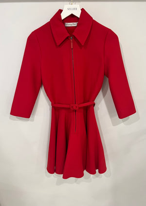 Christian Dior Red Belted Wool Mini Dress with Front Zip Detail Size FR 34 (UK 6)