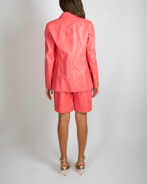 Chanel 21 Cruise Pink Calfskin Leather Blazer Jacket with Gold CC Logo Buttons Size FR 38 (UK 10)