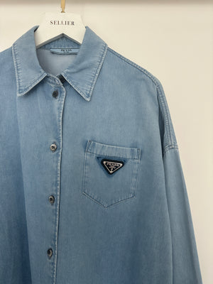 Prada Blue Washed Long-Sleeve Denim Shirt with Logo Detail Size IT 46 (UK 14)