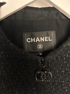 Chanel Black Collarless Long Sleeve Cropped Tweed Zip-Up Jacket Size FR 38 (UK 10)