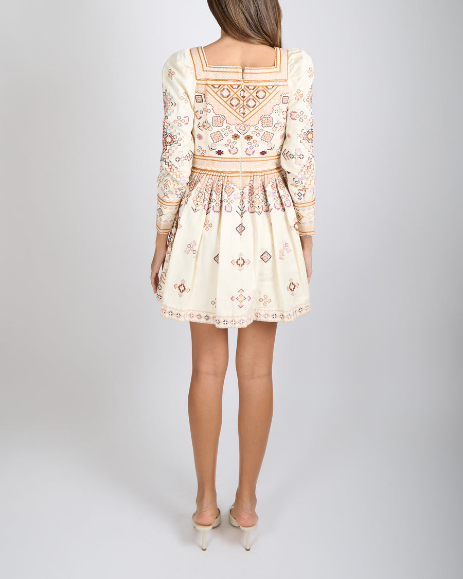 Ulla Johnson Cotton and Linen Blend Embroidered Adilah Mini Dress in Ochre Size 0 (UK 4-6)