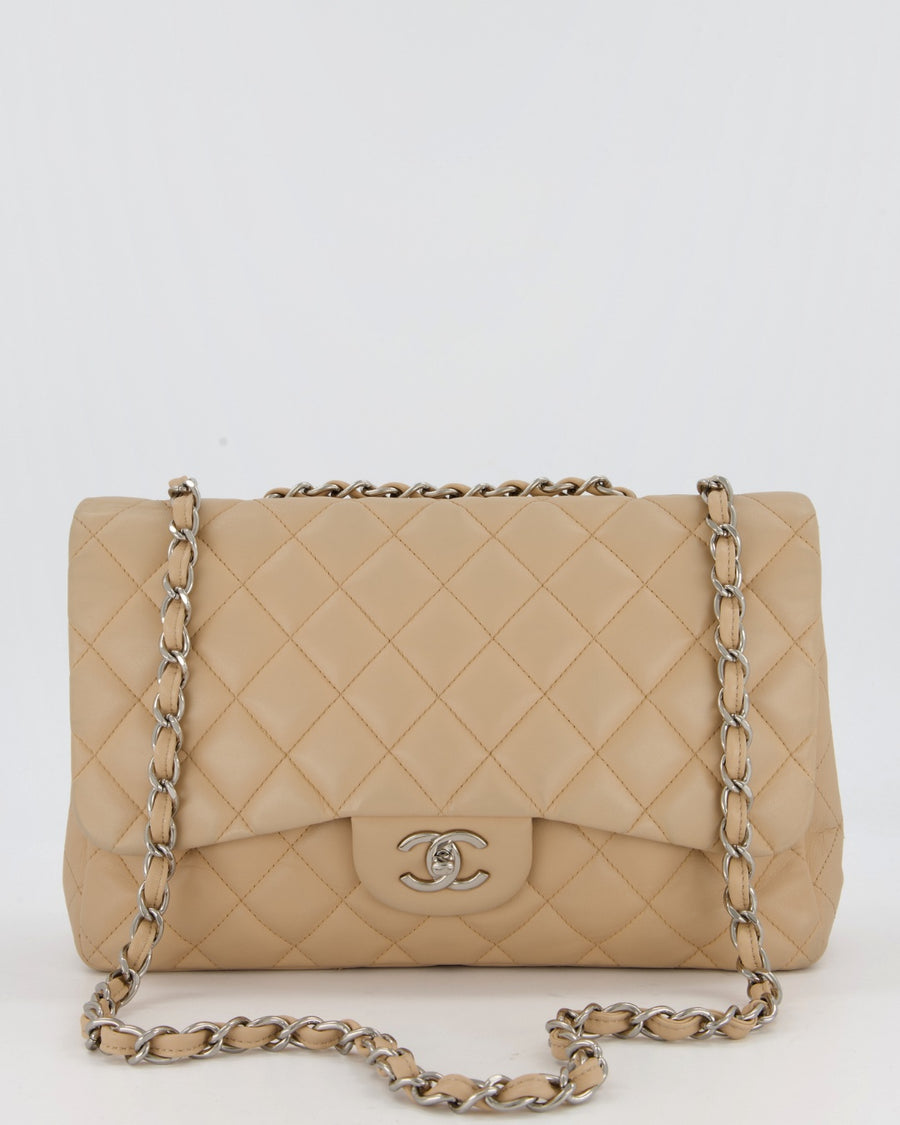 Chanel Beige Jumbo Classic Single Flap Bag in Lambskin Leather with Silver Hardware