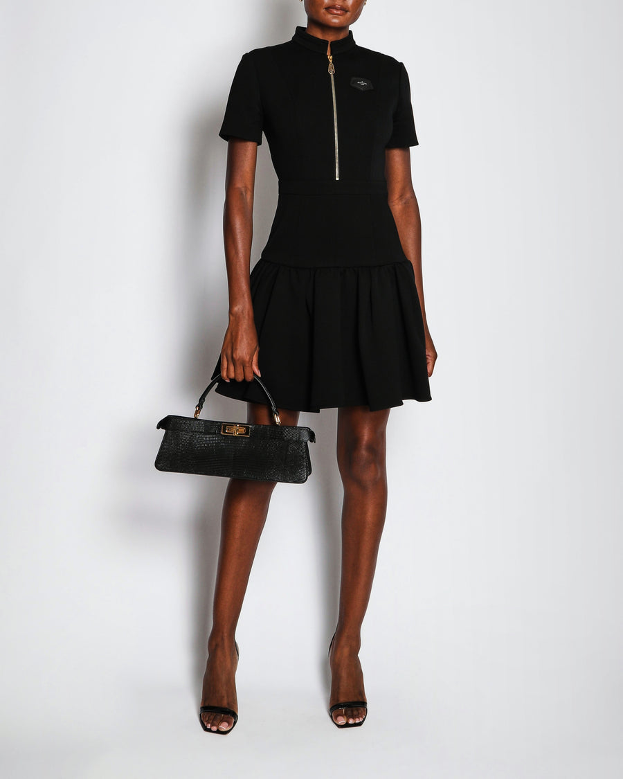 Louis Vuitton Black Short Sleeve Peplum Dress with Patch Leather Logo Size FR 36 (UK 8)