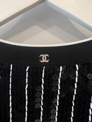 Chanel SS23 Navy and White Striped Sequins T-Shirt with CC Logo Size FR 40 (UK 12)