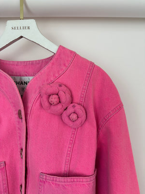 *HOT* Chanel 21S Hot Pink Denim Jacket with Detachable Camelia Brooches Detail Size FR 34 (UK 6)