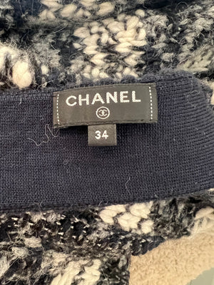 Chanel Grey and White Wool Long Knitted Coat with CC Belt and "Gabrielle Coco" Embroidery with Logo Buttons Size FR 34 (UK 6)