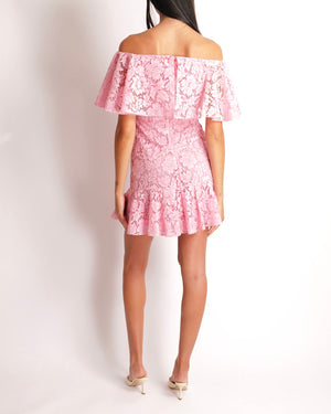 Valentino Pink Floral Lace Off-Shoulders Mini Dress with Ruffled Hem Detail Size IT 40 (UK 8)