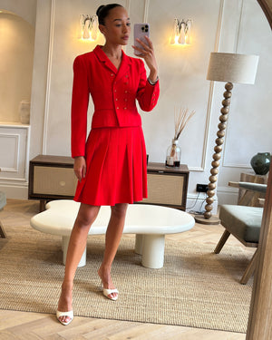 Chanel Vintage Spring 1995 Red Two-Piece Jacket and Pleated Skirt with Gold CC Logo Button FR 40 (UK 12)