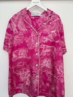 Dior Hot Pink and White Silk Toile De Jouy Printed Short Sleeve Shirt Size FR 36 (UK 8)