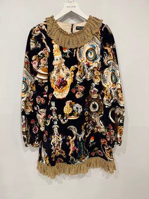 Dolce & Gabbana Navy Velours Long-Sleeved Mini Dress with Baroque Fantasy Prints with Gold Collar and Trim Size IT 40 (UK 8)