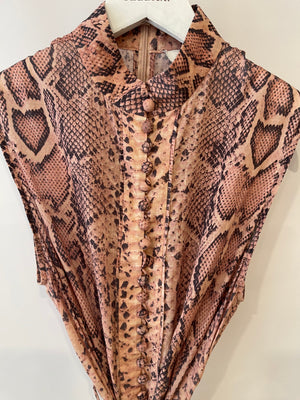 Zimmermann Pink Python Printed Sleeveless Mini Dress with Brown Braided Belt Size 0 (UK 8)