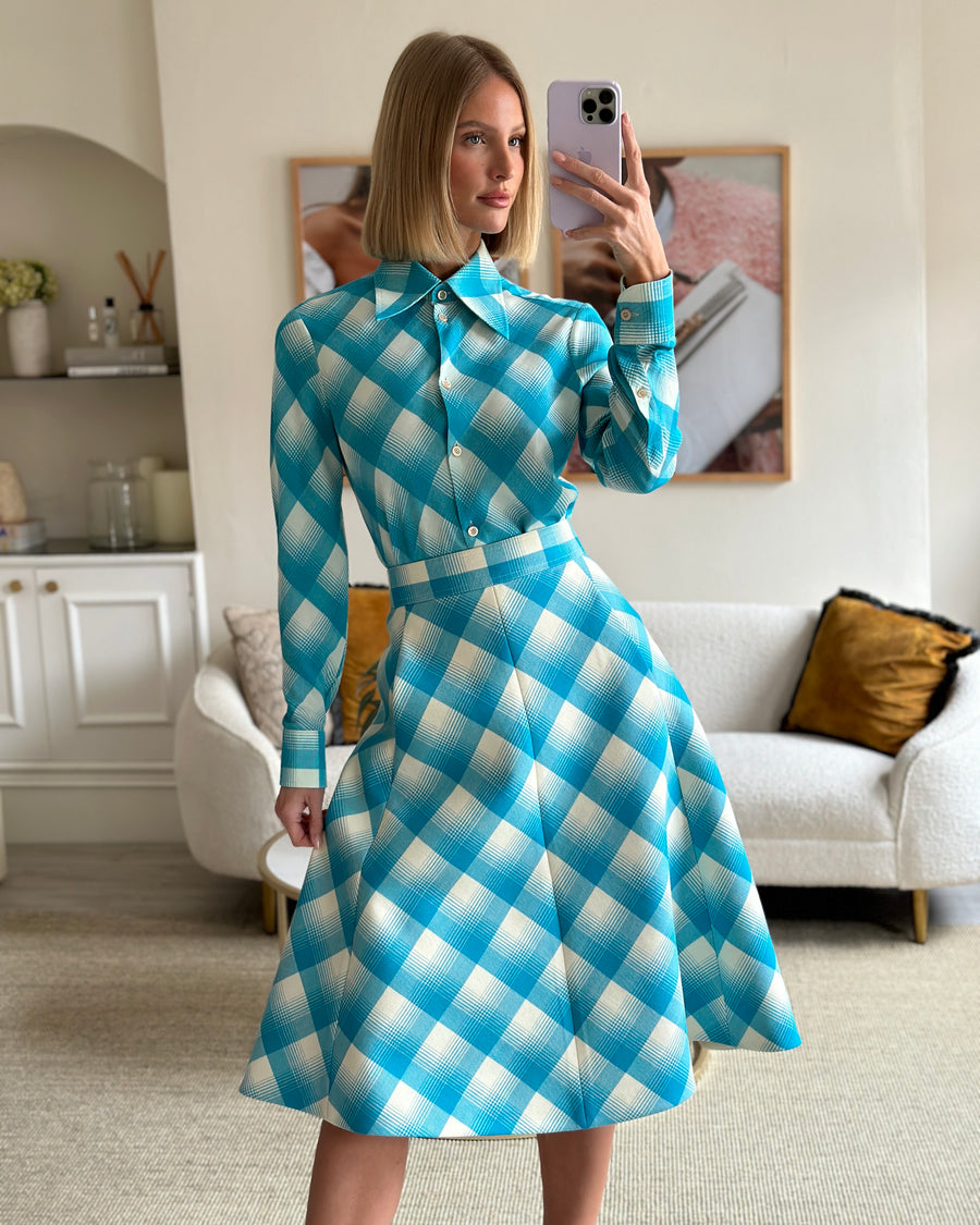 Gucci Turquoise and White Checked Shirt and Skirt Set IT 40 & 42 (UK 8-10)