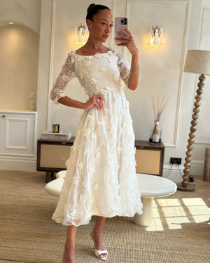 Christian Dior White Long Sleeve Maxi Dress with Floral Appliqué