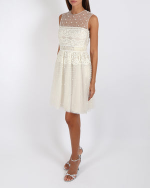Valentino Spring 2012 Couture White Tulle Sleeveless Mini Dress with White Bead Embellishments and Lace Details Size IT 42 (UK 10)