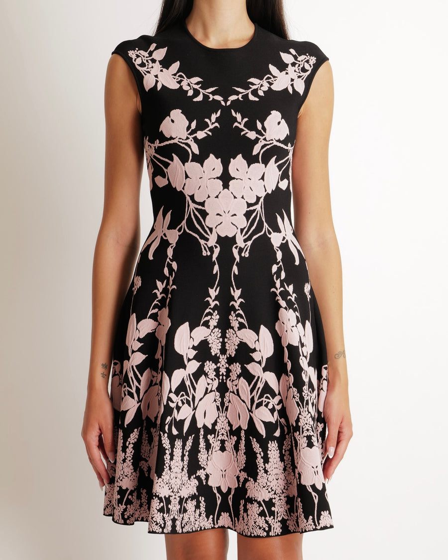 Alexander McQueen Black and Baby Pink Floral Embroidered Mini Sleeveless Dress Size IT 40 (UK 8)