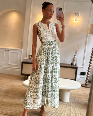 Giambattista Valli White and Green Sleeveless Floral Midi Dress with Lace Bodice and Cut Out at the Back Size IT 36 (UK 4)