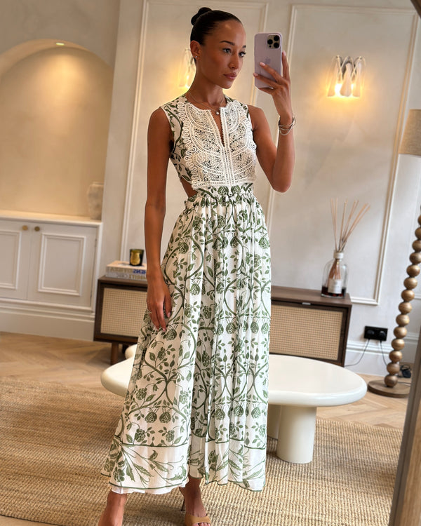 Giambattista Valli White and Green Sleeveless Floral Midi Dress with Lace Bodice and Cut Out at the Back Size IT 36 (UK 4)