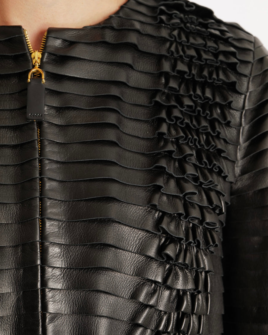 Gucci Black Leather Tiered Long-Sleeved Jacket with Ruffle Details and Gold Zipper Size IT 40 (UK 8)