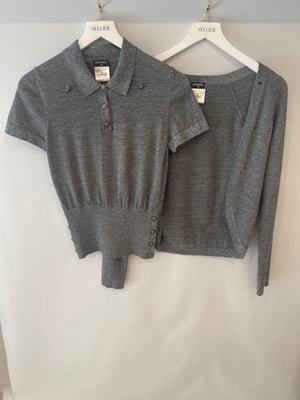 Chanel 08A Grey Two Piece Cashmere Detachable Top and Cardigan Set with Silver Metallic Details Size FR 40 (UK 12)