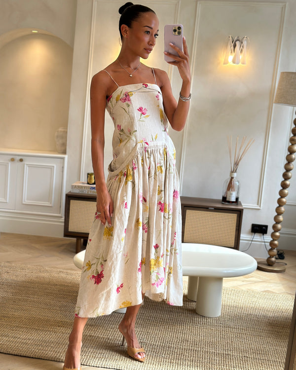 Erdem Beige, Pink & Yellow Floral Midi Dress with Bustier Top Size UK 6 (FR 34)