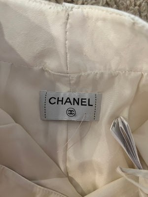 Chanel Resort 2019 La Pausa White Leather Trousers with Gold and Pearl Embellished CC Logo Button Size FR 36 (UK 8)