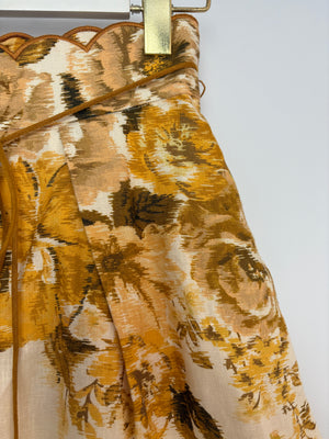 Zimmermann Cream, Brown and Yellow Antique Floral High-Waisted Linen Shorts Size 0 (UK 8)