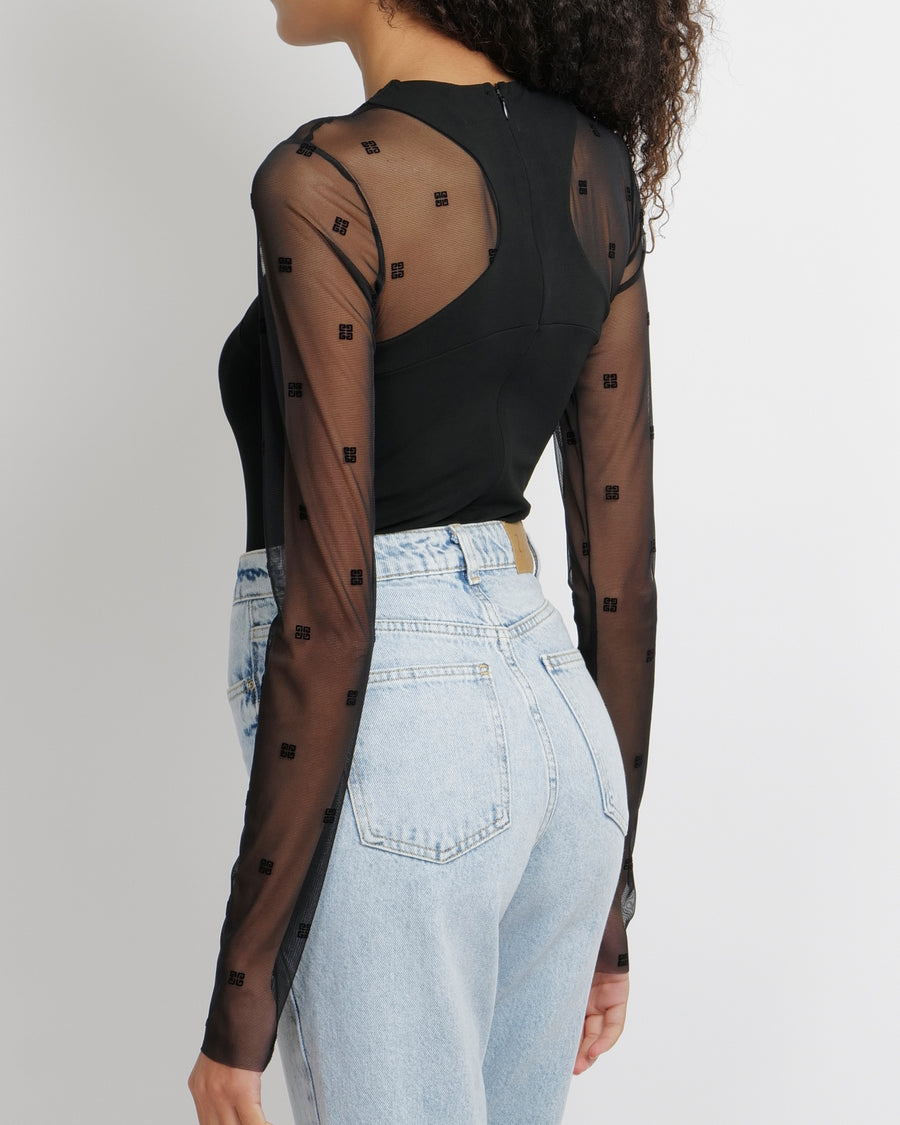 Givenchy Black Bodysuit with Mesh Sleeves with Velvet Logo Prints Size M (UK 10)