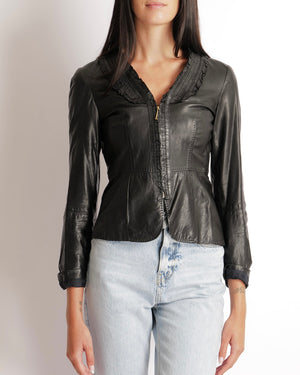 Gucci Black Leather Jacket with Ruffled Collar Detail and Gold Zipper Size IT 38 (UK 6)