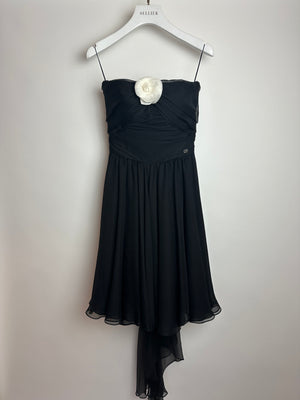Chanel 20A Black Bandeau Silk Dress Draped Dress with White Camelia Bow Detail FR 34 (UK 6) RRP £7360