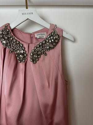 Alexander McQueen Pink Cape-Shoulder Satin Gown with Crystal Neckline & Belt Detail Size IT 42 (UK 10)