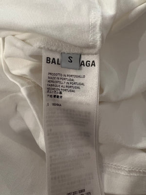 Balenciaga White T-Shirt with Navy Logo and Crest Print Size S (UK 8)